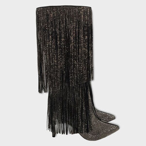 INC International Concepts Is Black and Silver Bling Fringe Heeled Boots Sz 8.5M